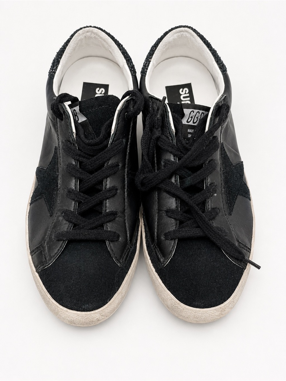 Golden Goose Super Star Black Leather Glitter Heel Sneakers - Size 40
